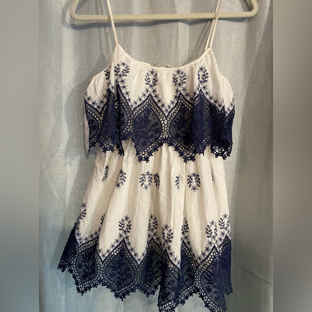 Festival navy blue embroidered and lace  Size small white Papaya brand dress